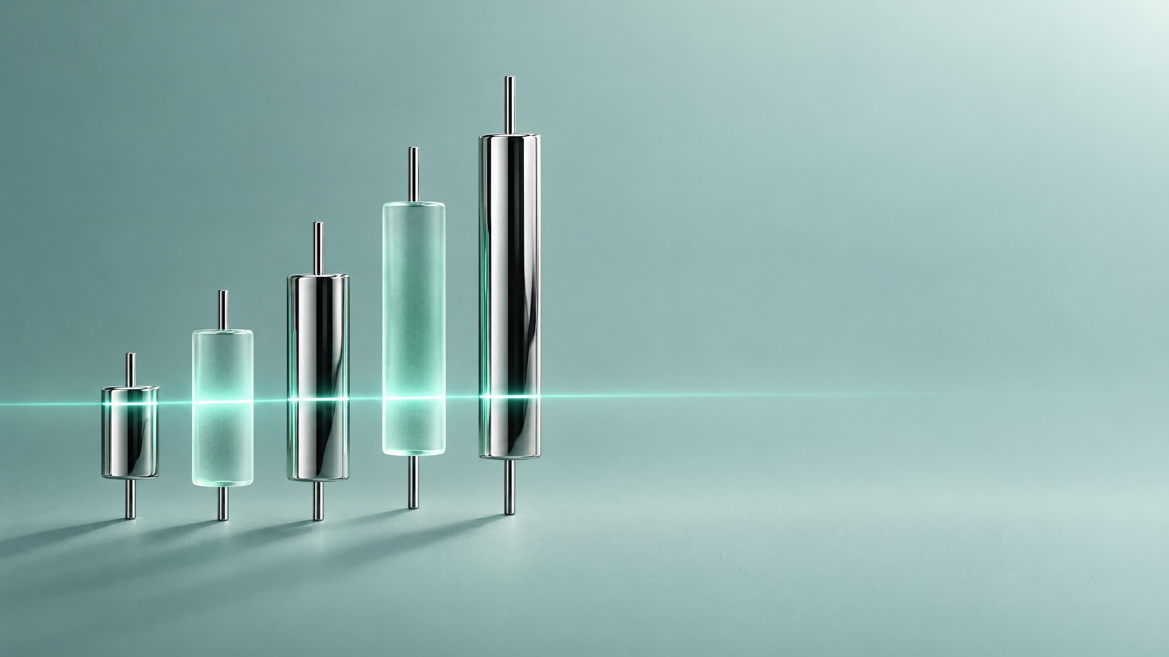 Chrome and glass candlesticks crossed by a teal scanning beam